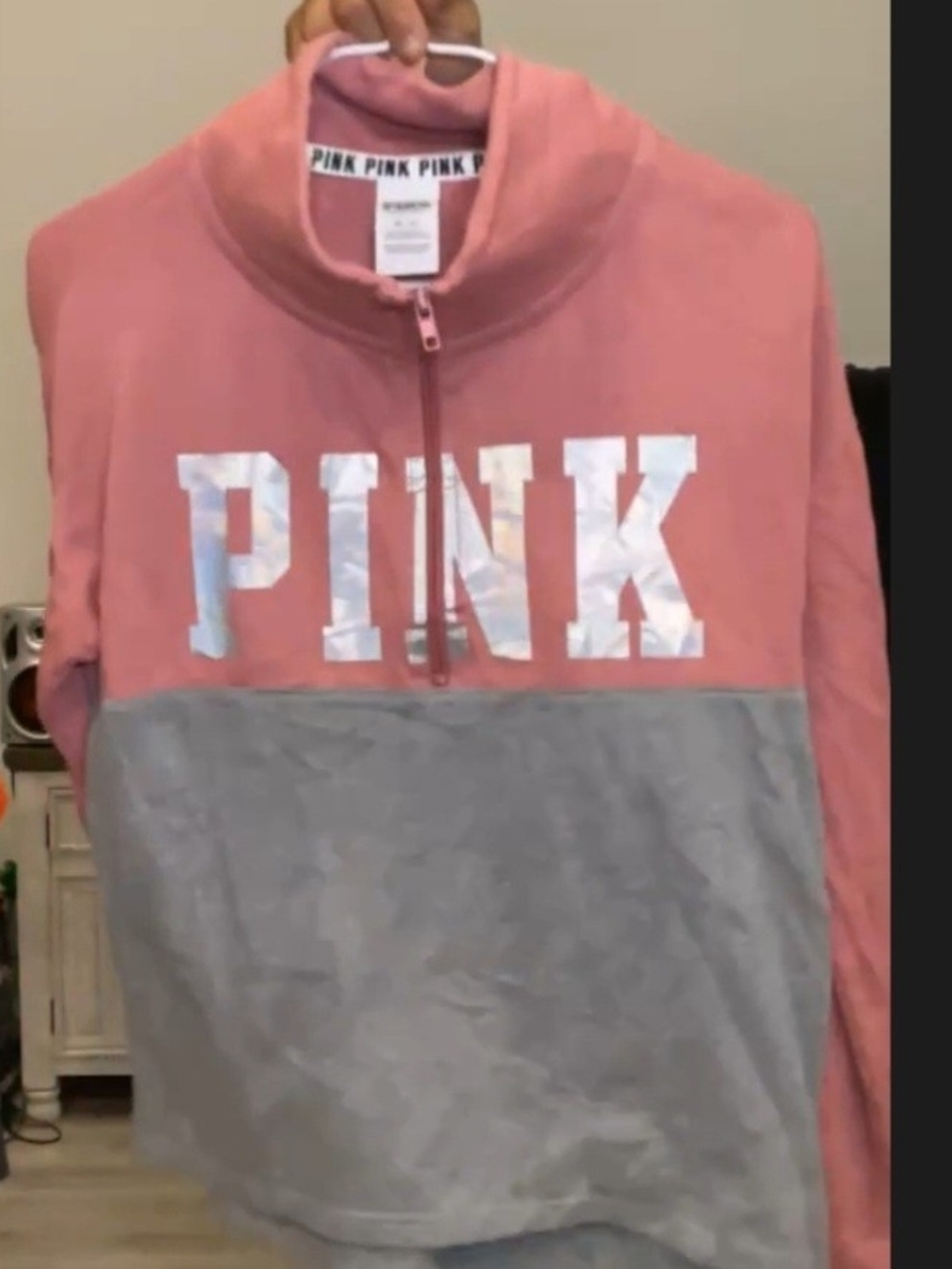 PINK Victoria's Secret Dusty Rose and Light Gray Half-Zip Pullover